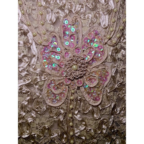 Vintage S.M. Collection Maxi Skirt XL Floral Designs Sequins Pearls Lace Beige - Picture 3 of 10